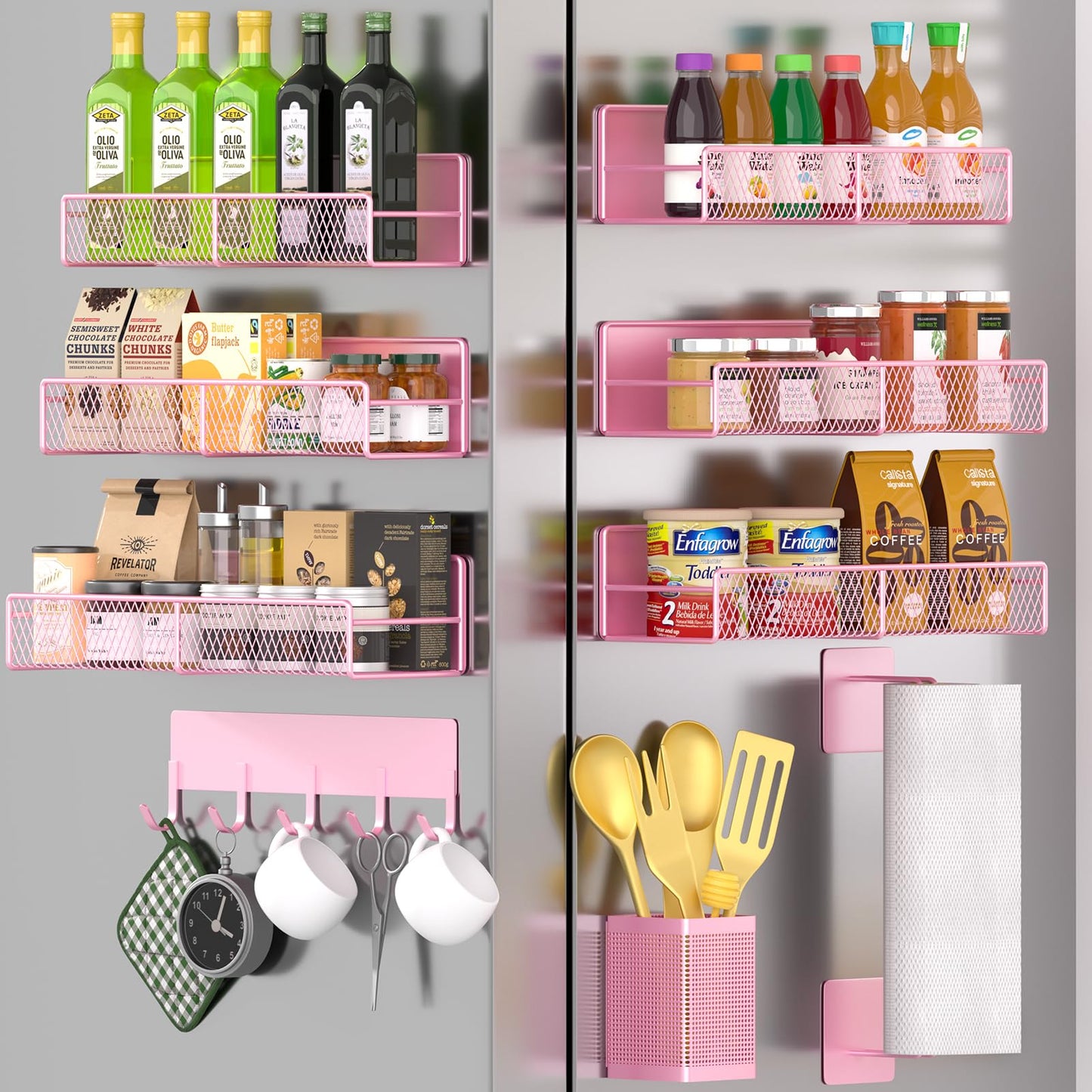 Magnetic Spice Rack for Refrigerator, 6 Pack 100% Metal Strong Magnet Shelf, Space Saving Spice Organizer, Home Kitchen Laundry Room Storage Organization W/ Paper Towel Holder, Utensils Racks (Grey)