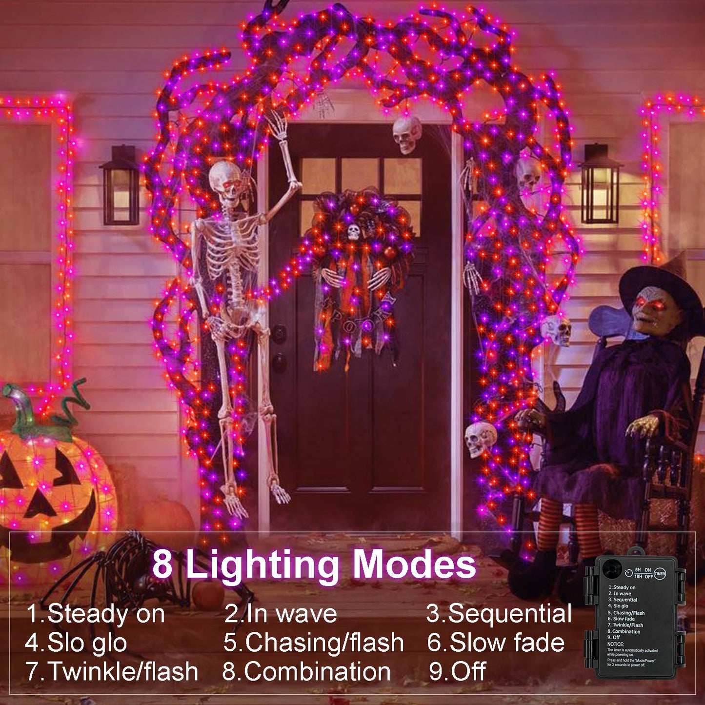 BSGlobal Purple Orange Halloween String Lights Battery, Total 20Ft 400 LED Cluster String Lights with Timer 8 Modes Firecracker Lights Outdoor Waterproof for Tree Home Decor