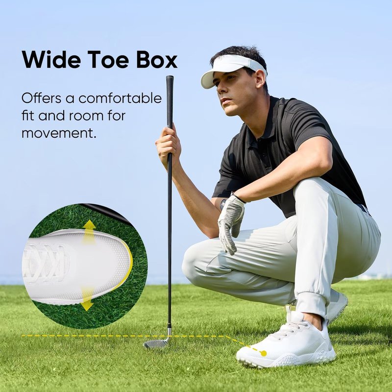 TEOHRW Wide Golf Shoes for Men Spikeless Professional Outdoor Waterproof Golfing Footwears Sneakers with Arch Support White Grey
