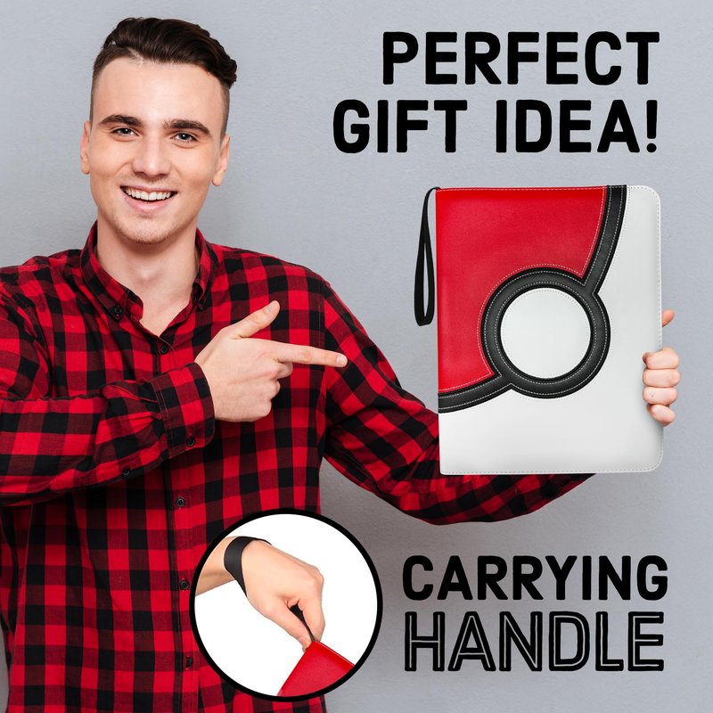 Anime Inspired Trading Card Binder with PU Leather Cover, Zipper & Handle, 9 Pocket Double Sided Pages Fits 900 Cards, 3 Ring Collector Binder for Standard Size Cards, 13"x10.5"x1.8"