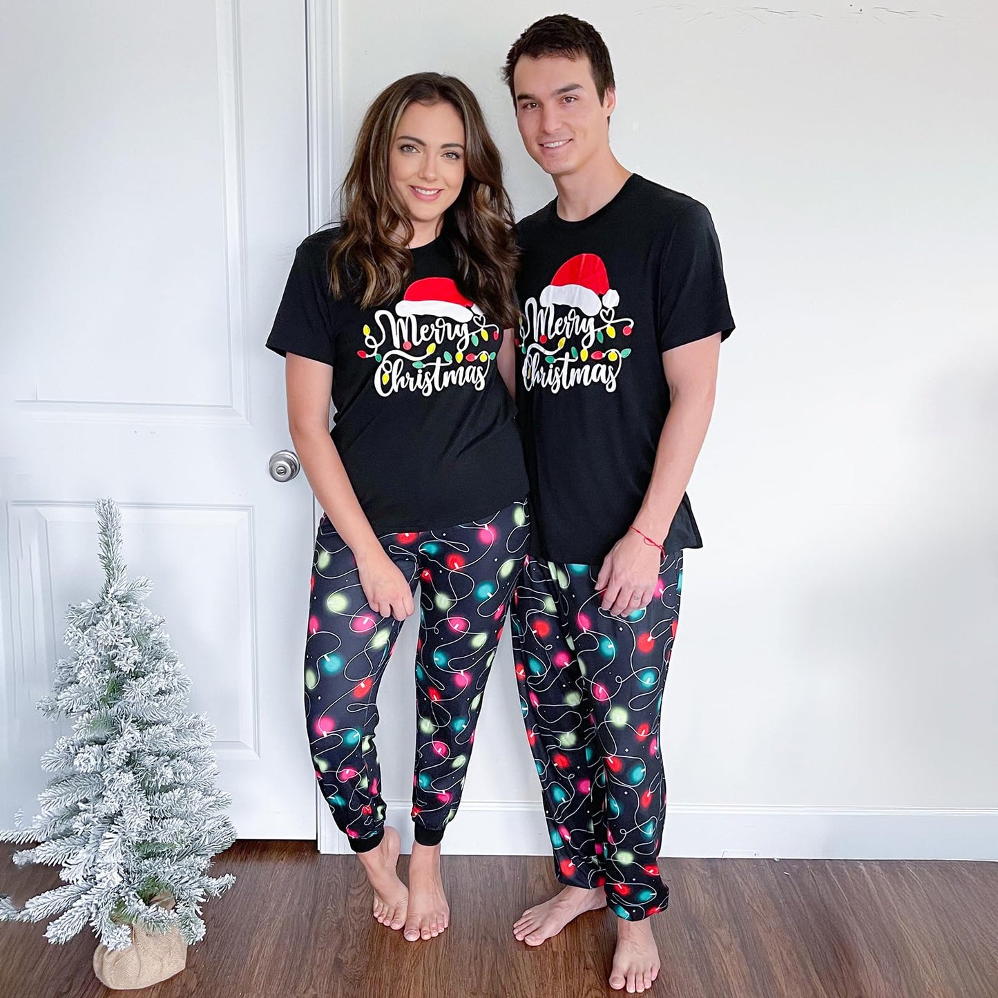IFFEI Christmas Pajamas for Family Letter Print Matching Holiday PJ's Sets with Short Sleeve Tee and Pants Loungewear Men M Black Red