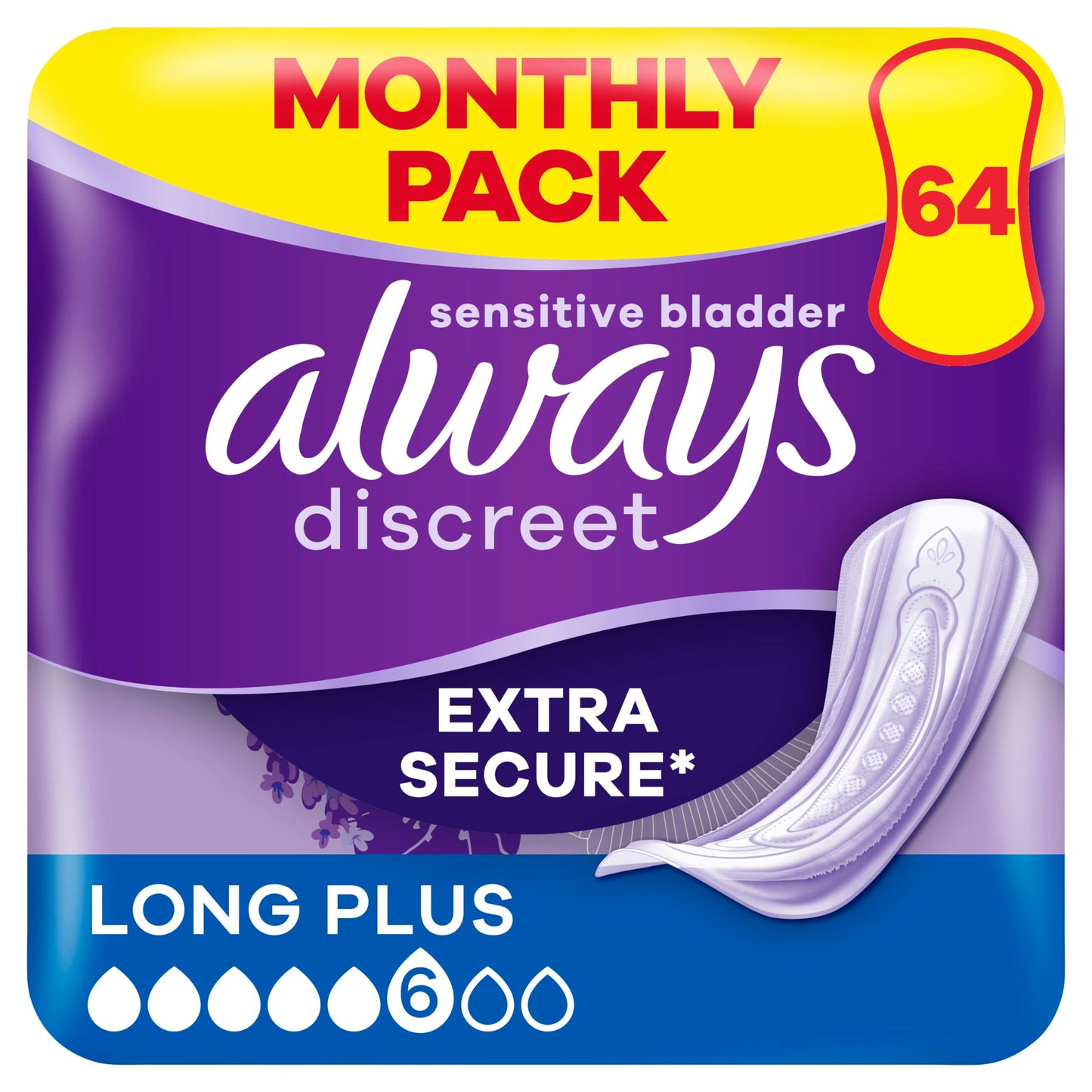 Always Discreet Incontinence Pads Women Long Plus 64 Count, Extra Secure & Discreet