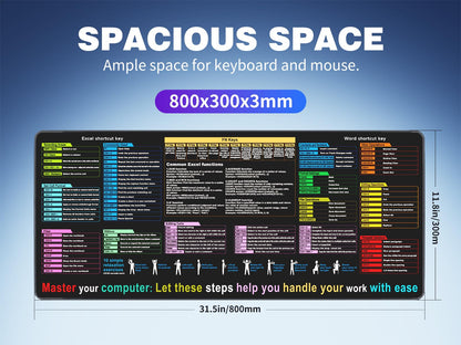 Waterproof Desk mat—Excel Cheat Sheet Desk pad—Contains 12 Types of Common Skills in Excel and Word—Large XL Gaming Mouse pad|Office Keyboard pad|Computer mat with excel Shortcuts
