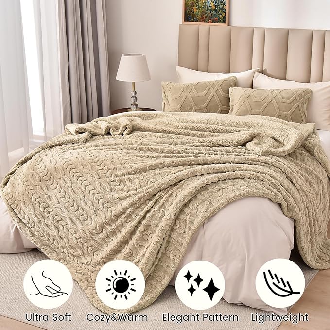 PHF Fluffy Sherpa Blanket Twin Size for Winter, Warm and Soft, 510GSM 3D Jacquard Thick Shaggy Fleece Plush Blanket for Sofa Bed, Khaki, 60"x80"
