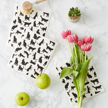 DII Swedish Dishcloths for Kitchen & Cleaning, Reusable, Machine Washable & Dishwasher Safe, Biodegradable, 7.75 x 6.75, Cats, 3 Piece