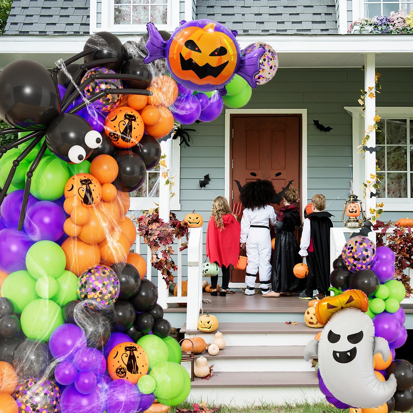 DBKL 159Pcs Halloween Balloons Garland Arch Kit, Ghost Pumpkin Foil Balloons with Black Orange Purple Fruit Green Confetti Balloon for Halloween Party Decorations