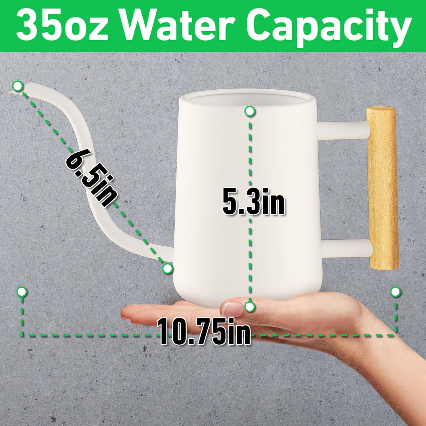 35 oz Metal Small Indoor Watering Can with Long Spout & Real Wood Handle for House Plants, Succulents, Cacti & Seedlings - White Long Spout Watering Can Indoor Plants - Stylish, Gentle Flow, No Spills