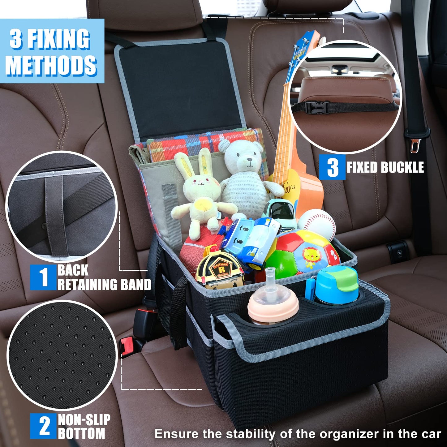 GUWINA Car Backseat Organiser, Multi Compartment Foldable Seat Organiser for Car Boot Front and Back Seats, with Lids and Straps Best for Clothes, Toys, Office Products (Black)