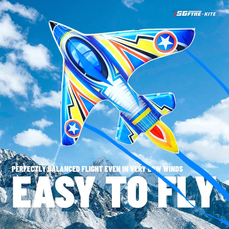 SGftre Airplane Kite for Kids and Adults, Easy to Fly with Durable Fiberglass Frame, Outdoor Fun Sports Plane Kite with Handle and Line Good Flying (Fighter Plane-Blue)