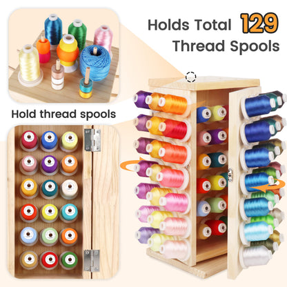 New brothread 129 Spools(DIY) 360° Fully Rotating Wooden Thread Rack/Thread Holder Organizer with Double Doors(Inner Space Hold ≤ 500M Thread Spools) for Sewing, Quilting, Embroidery, Hair-braiding