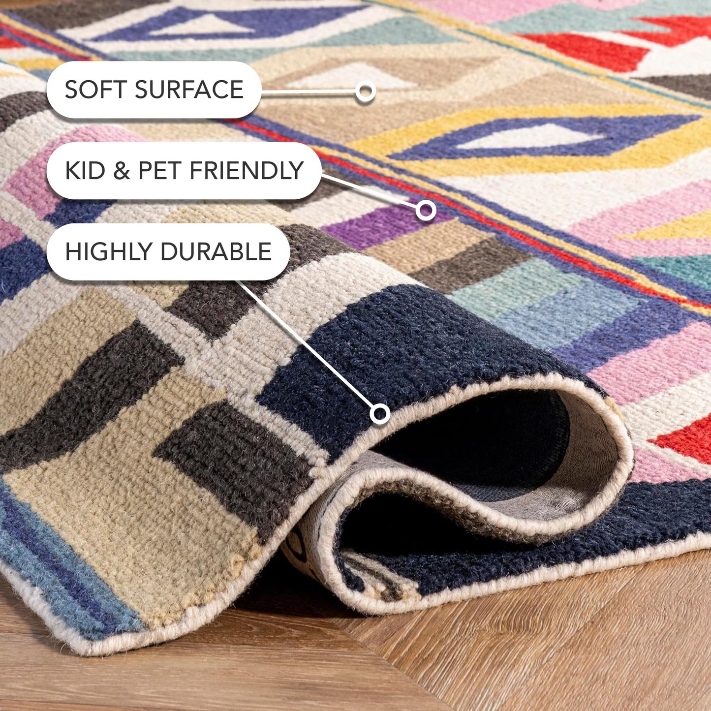 Nuloom Ofelia Handmade, Multicolor/Black, 5' x 8', Geometric, Wool, Soft and Cozy, High Traffic, Stain Resistant, Easy Clean, Durable Runner for Bedroom, Living Room, Dining, Den, Foyer