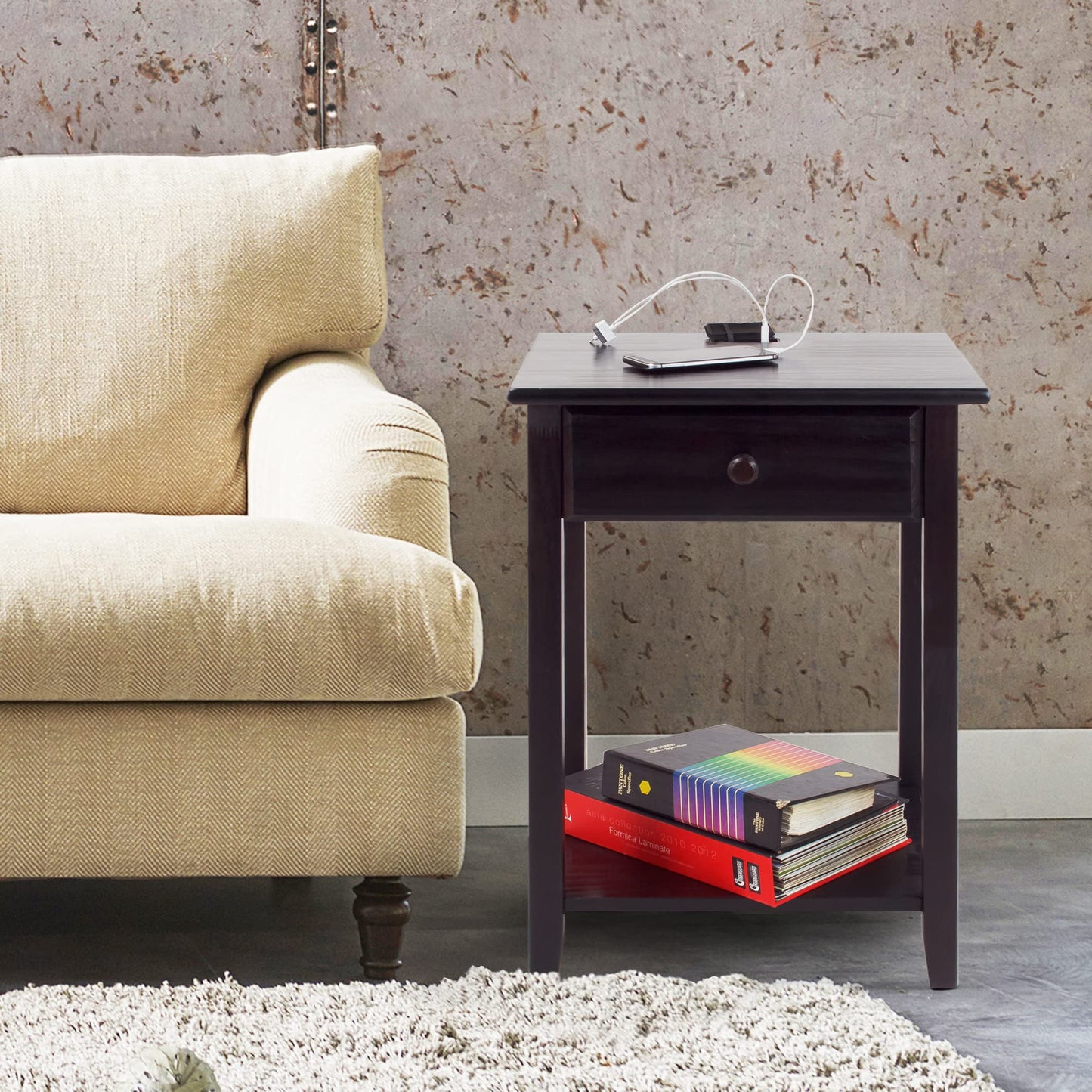 Casual Home Owl Night Stand with USB Port Charging Station and Drawer, 17.5" W x 14.25" D x 24.5" H, Natural Gray