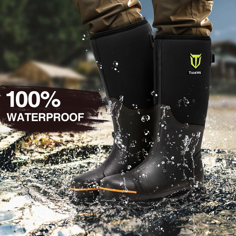 TIDEWE Rubber Work Boot for Men with Steel Toe & Shank, Waterproof Anti Slip Hunting Boot, 6mm Neoprene Hunting Boot for Manufacturing, Construction, Farming, Black, Size 8
