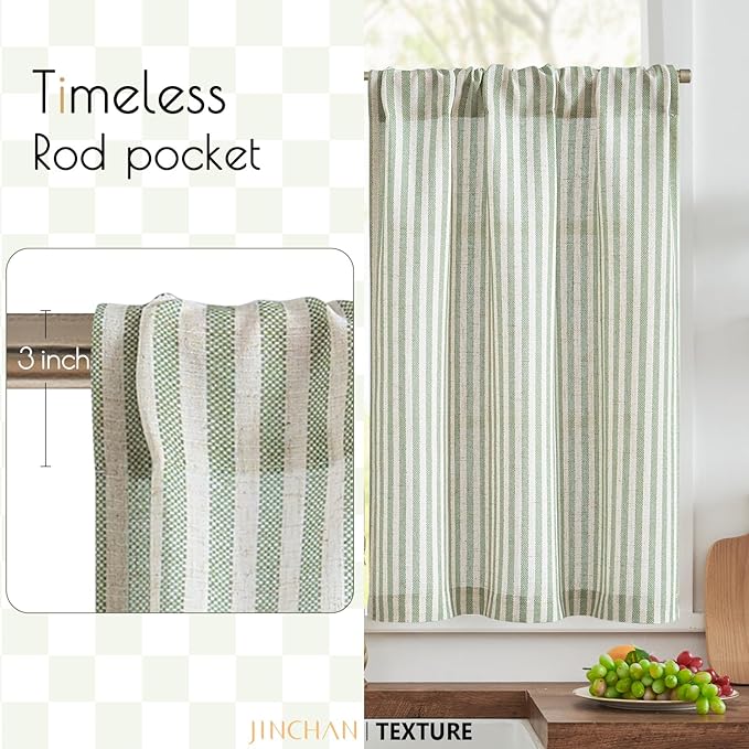 jinchan Striped Linen Kitchen Curtains 30 Inches Length Tier Curtains Farmhouse Modern Cafe Style Small Window Treatments Airy Light Filtering Rod Pocket for Living Room Bathroom 2 Panels Sage Green