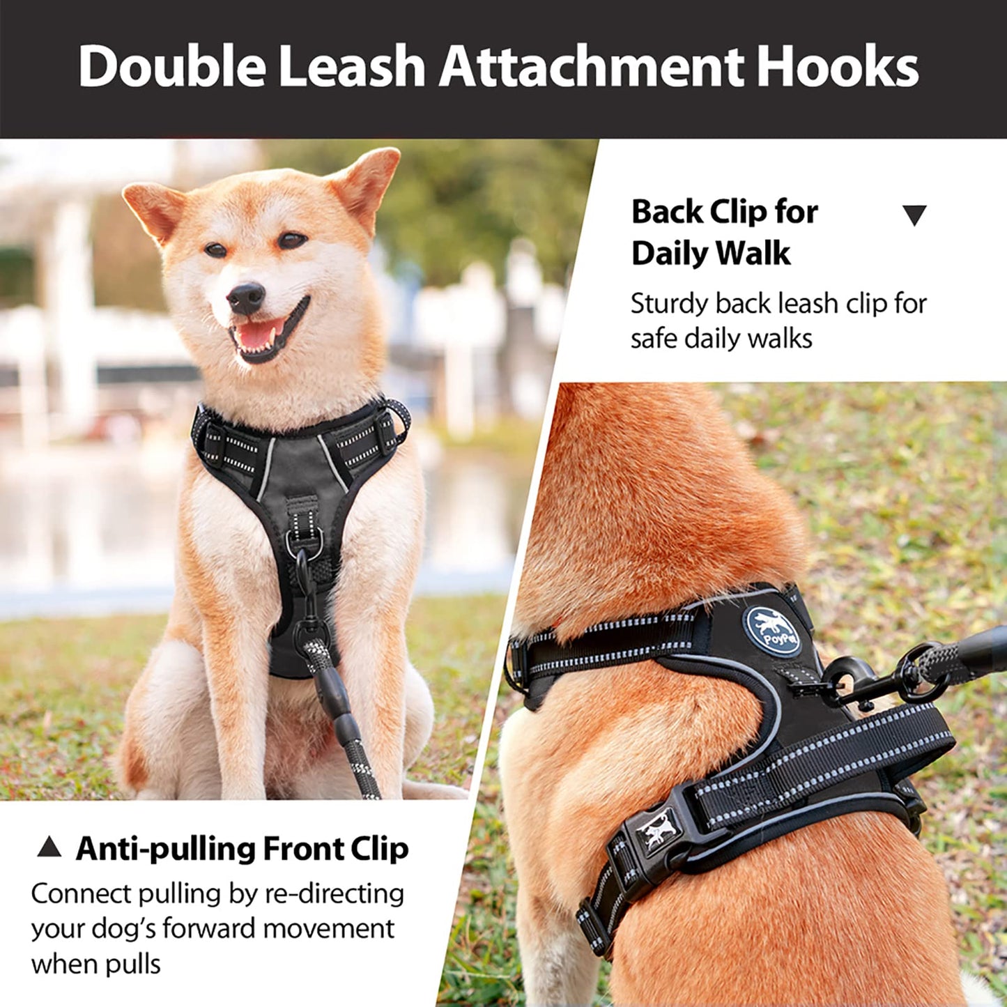 PoyPet No Pull Dog Harness with Neck Release Buckle, Reflective No-Choke Harness with 2 Leash Clip, Adjustable Soft Padded Pet Vest with Easy Control Handle for Medium Dogs (Black,M)