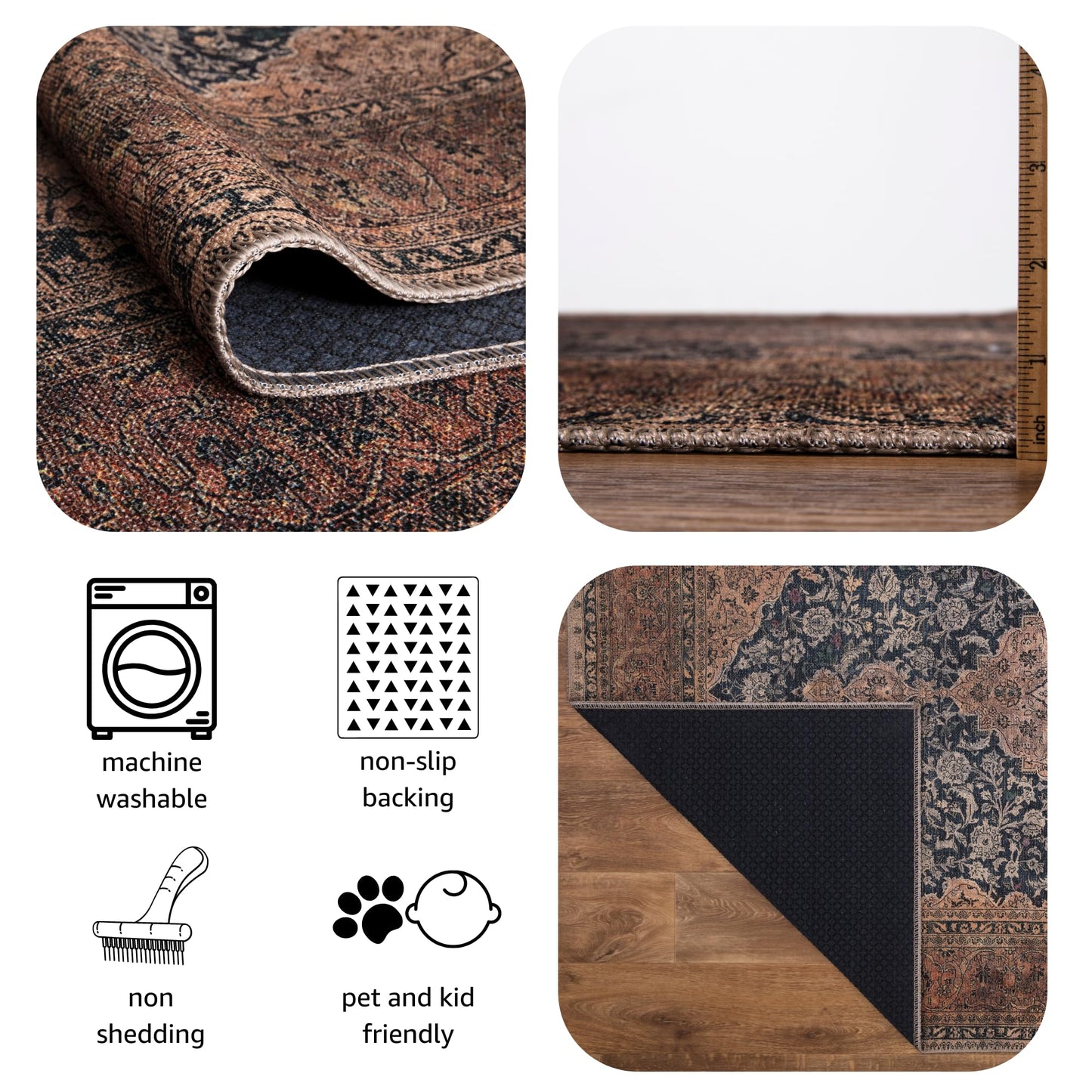 Keen Home Design 5x7 Rug - Machine Washable Area Rug with Non-Slip Backing, Ideal for Living Room, Dining Room, Bedroom - Vintage, Easy Clean, Durable, Low Pile Rug - (5' x 7')