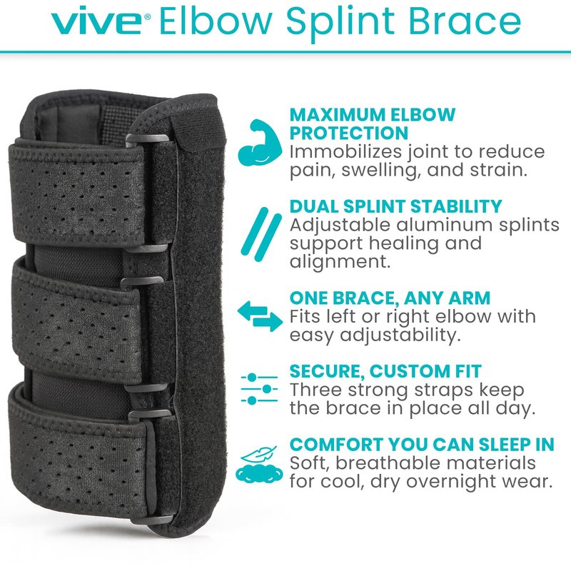 Vive Elbow Splint Brace for Tendonitis, Cubital Tunnel, Sleep Support, Tennis Elbow - 2 Removeable Splints That Stabilize Joint for Pain Relief - Arm Compression Sleeve Immobilizer for Men and Women