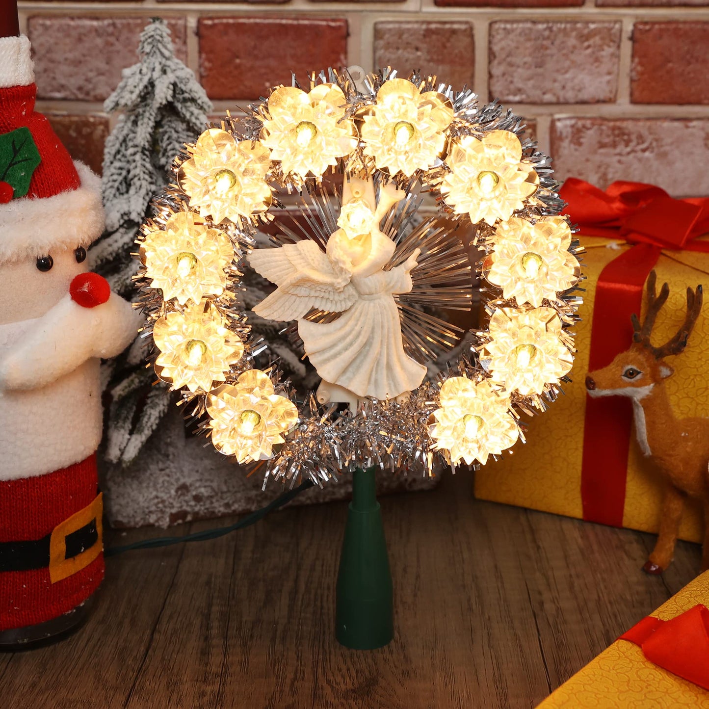 Brizled Christmas Tree Topper, 8" Lighted Angel Tree Topper with 11 Count Lights, Siver Tinsel Wreath Tree Toppers, Warm Lighted Angel Tree Topper with 10 Flowers, Plug in Treetop for Christmas Tree