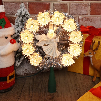Brizled Christmas Tree Topper, 8" Lighted Angel Tree Topper with 11 Count Lights, Siver Tinsel Wreath Tree Toppers, Warm Lighted Angel Tree Topper with 10 Flowers, Plug in Treetop for Christmas Tree