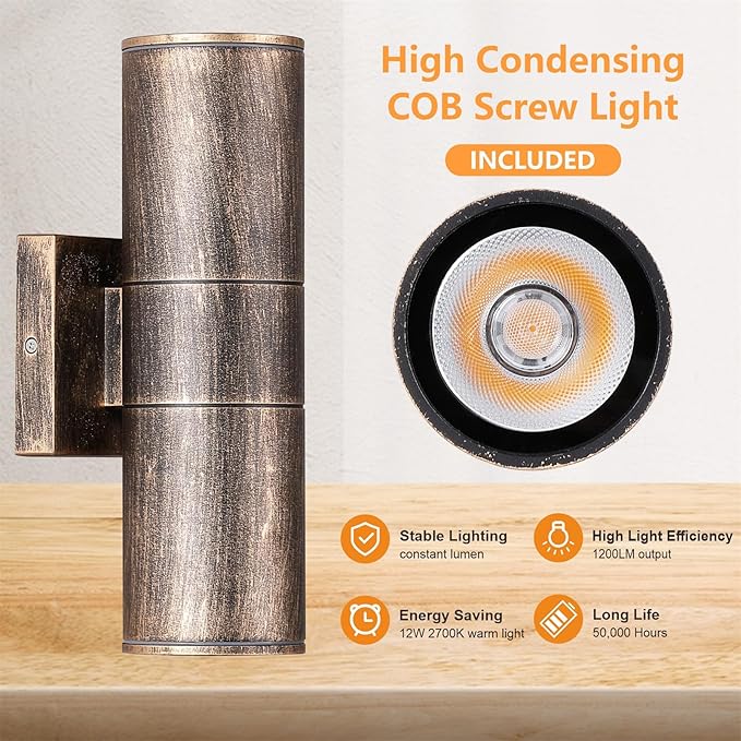Outdoor Wall Lights Fixtures, 2 Packs Integrated LED Cylinder Up Down 12W 2700K Modern Aluminum Light, Waterproof Exterior Light for Porch Patio Door