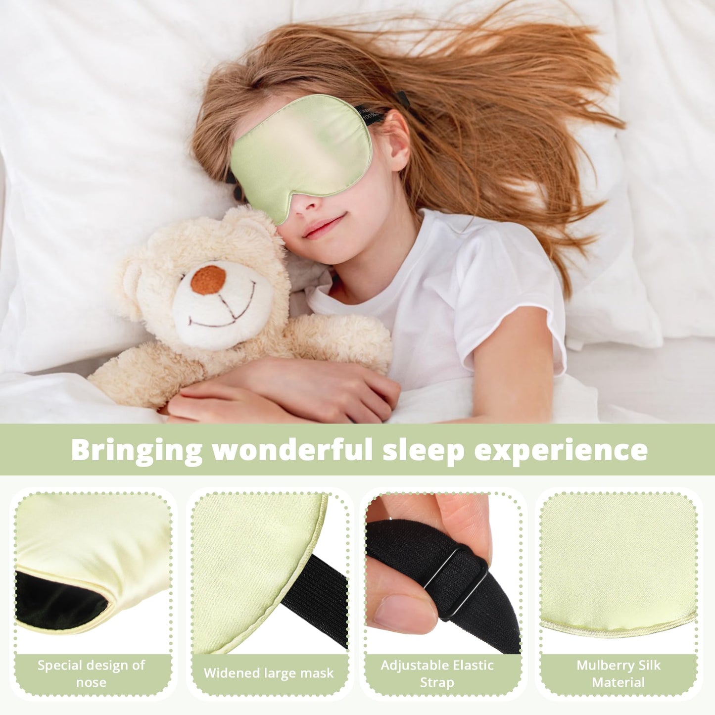Kids Sleep Mask Eye Cover, 100% Real Natural Pure Silk Eye Mask with Adjustable Strap, Blindfold Kids Eye Mask for Sleeping, Eye Shade for Boys Girls and Adult, Pressure-Free Comfort (Black)