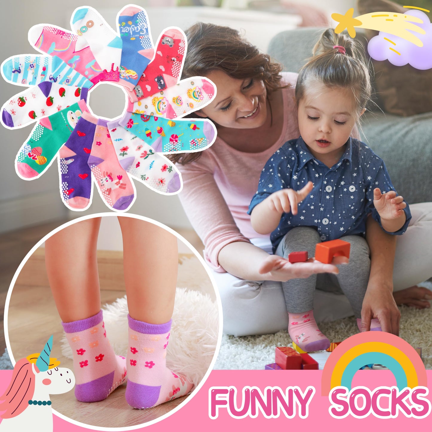 Welwoos Baby Girls Toddlers Grips Socks Non Slip Anti Skid Funny Animal Cartoon Cosy Crew Cotton Gifts Socks 12 Pairs Stocking Fillers(Colorful Flowers,3-5 T)