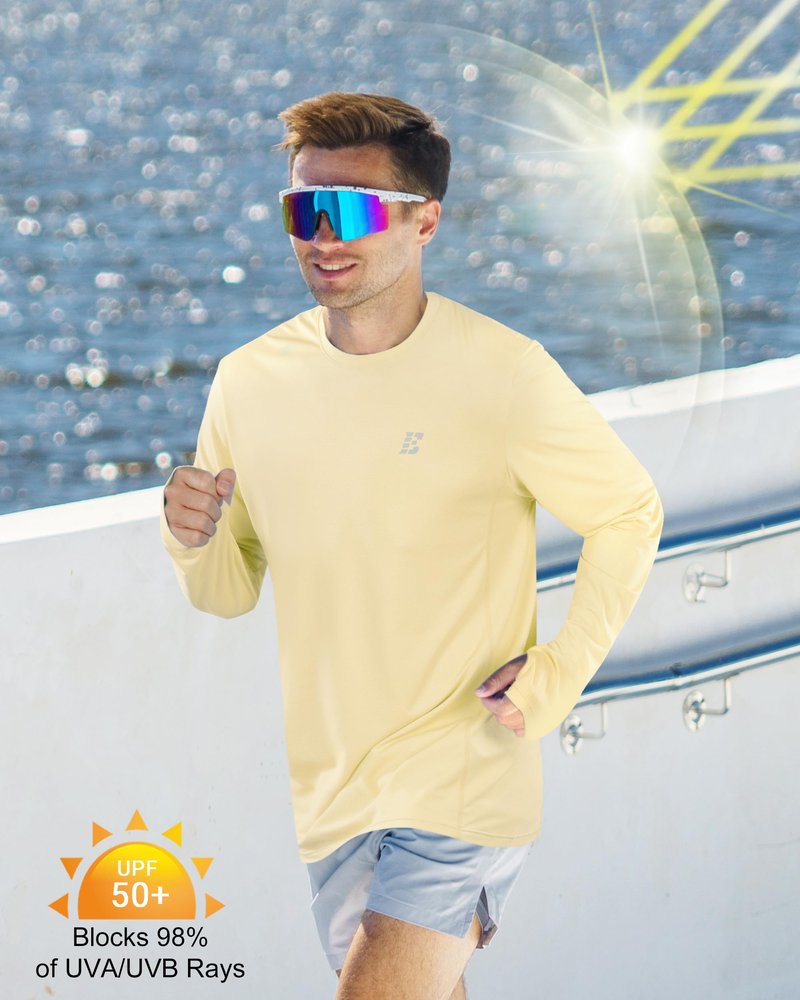 EoBeKee Sun Protection Shirts for Men, UPF 50+ UV SPF Long Sleeve Outdoor Rash Guard for Fishing Hiking Swimming Running Quick Dry Lightweight Yellow