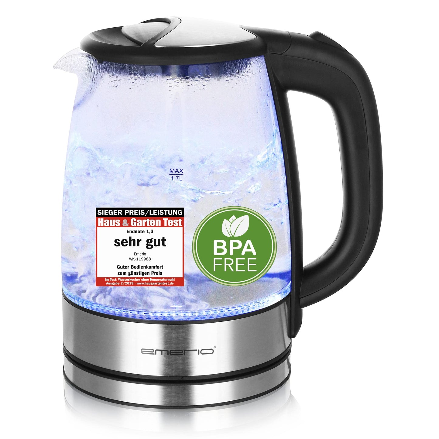 EMERIO Glass Kettle with 1.7 Litre Volume | 2200 Watt | Blue LED Interior Lighting | 360° Base | Winner Price/Performance Home & Garden Test | Best Borosilicate Glass | BPA Free | WK-119988.7