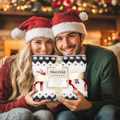 MACEVIA Christmas Throw Blanket for Couch, Holiday Christmas Reindeer Snowflakes Flannel Fleece Blanket, Soft, Cozy, Plush, Warm Winter Cabin Throw Decor, (Red Reindeer, 50x60inches)