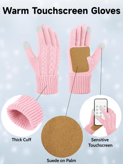 Aneco Winter Beanie Hat Scarf Gloves Ear Warmer Set for Women Fleece Lined Pom Pom Beanie Touchscreen Gloves 4 in 1 Set Pink