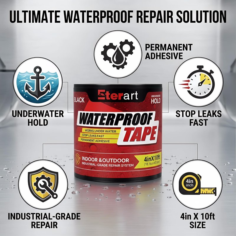 Waterproof Tape Black 4 Inch x 10 FT - Heavy Duty Rubberized Seal Repair for Active Leaks - Fix Roofs, Underwater Pool Liners & Pipes - All-Weather Emergency Patch Tool for Homeowners & Campers