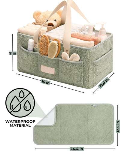 Baby Diaper Caddy Organizer with Portable Changing Mat - Teddy Fleece Diaper Organizer for Changing Table - Baby Basket for Diaper Changing Essentials - Baby Caddy Organizer with Removable Dividers
