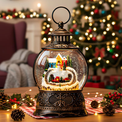 Christmas Village Snow Globe Lantern – LED Musical Swirling Glitter Water Globe, Snowy Village with Train, Battery or USB Powered, Auto Timer – Tabletop Decor & Gift