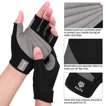FitsT4 Sports Half Finger Padded Palm Gloves for Diving, Sailing, Jet Skiing, Stand-UP Boarding, Kayaking and Water Skiing, Suitable for Men&Women&Youth Gray M