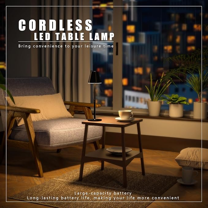 2 Pack LED CordlessTable Lamp,4000mAh Rechargeable Battery Desk lamp,3 Level Brightness Night Light,Minimalist Design, for Couple Dinner/Coffee Table/Restaurant/Bedroom(Black 2pack)