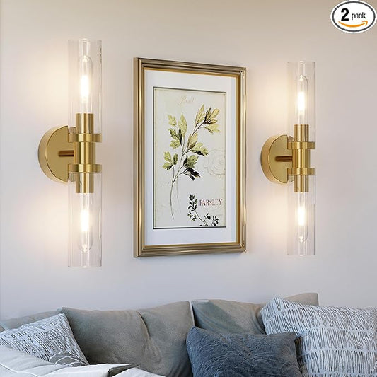 Wall Sconces Set of Two, ETL Certified, Gold Bathroom Wall Sconces with Clear Glass Modern Hardwired Wall Light fixtures for Bathroom Mirror Living Room Entryway Hallway(Bulbs Not Include)