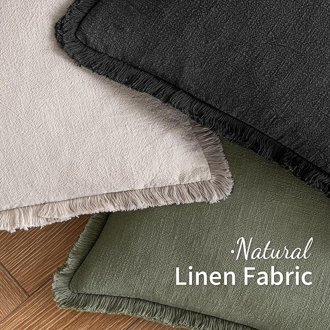MIULEE Decorative Throw Pillow Covers Neutral Linen Fringe Throw Pillows Euro Shams Set of 2 Black Boho Farmhouse Cushion Covers for Couch Sofa Bed Living Room Spring Home Decor 24x24 Inch