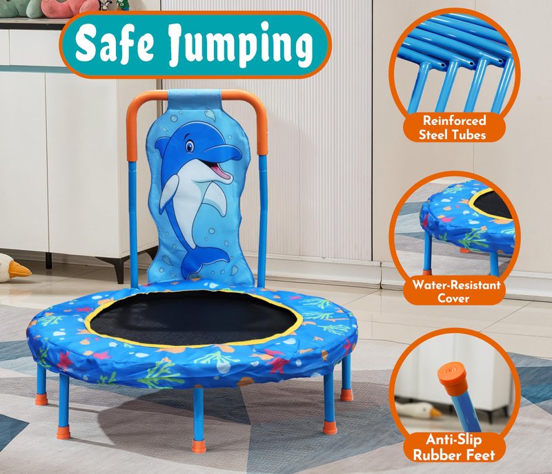 Maotifeys No-Gap 36" Mini Trampoline Toddler Trampolines with Handle for Kids, 36 inch Indoor Garden Small Kid Trampoline Baby Trampolines with Super Safe Cover for Toddlers Ages 2 to 5, Dolphin