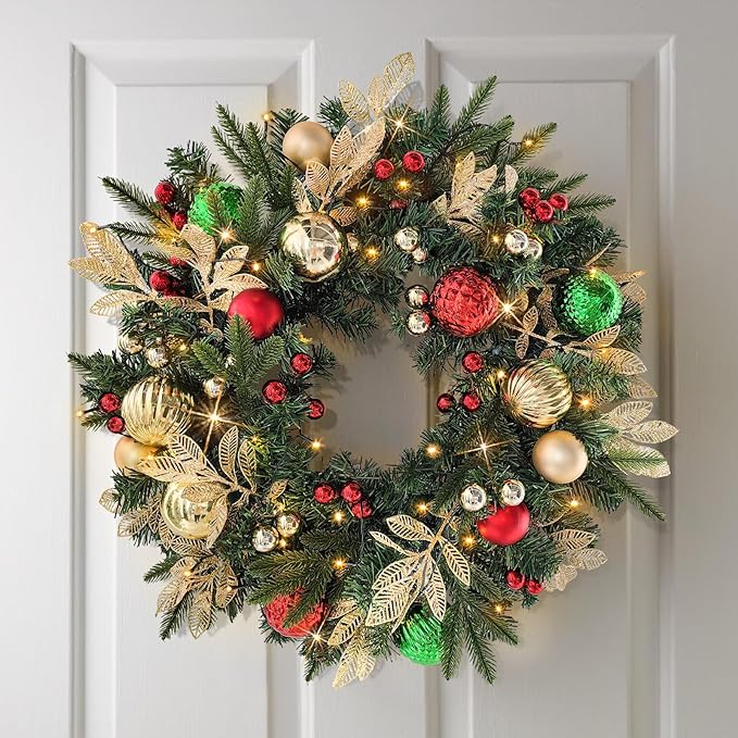 28’’ Pre-Lit Artificial Christmas Wreath Battery Operated 35 LED Lights with Gold, Green, and Red Ornaments, Glittering Gold Leaf Steams for Front Door, Xmas Wreath for Holiday Christmas Decorations
