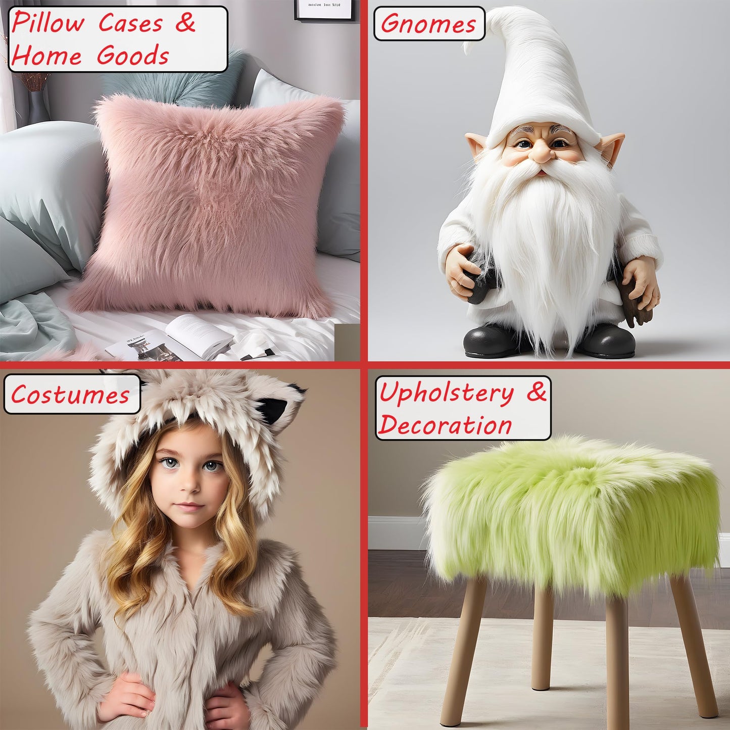 Barcelonetta Faux Fur Fabric | Pre-Cut Fur Squares for Sewing, DIY Crafts, Costumes, Upholstery | Soft, Vegan Faux Fur | Material for Plush Toy Projects (2-Wht 2-Blk Pack, 10" X 10")