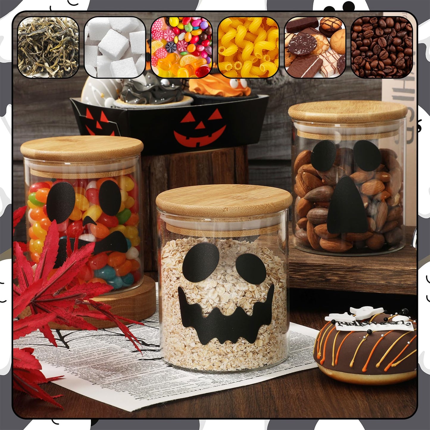 JarThenaAMCS 3Pcs Halloween Glass Storage Jars with Airtight Bamboo Lid Ghost Decorative Clear Food Storage Canisters Sets for Home Kitchen Countertop Decoration