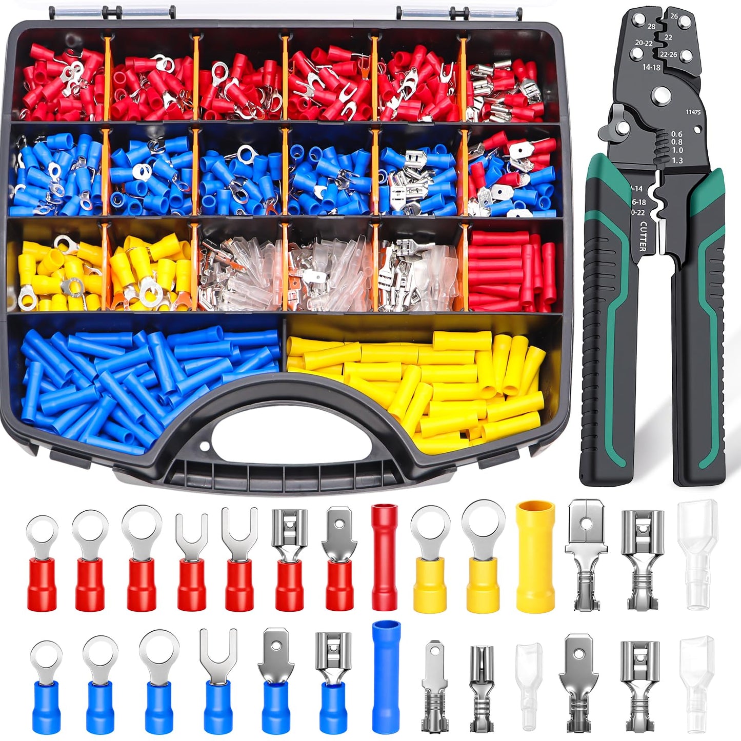 Twidec/1100pcs Wire Connectors Kit,Insulated Electrical Wire Terminals,Waterproof Crimp Connector kit Includes Spade Fork Ring Bullet Insulated Connectors Wire connectors and Wire Crimper Tool