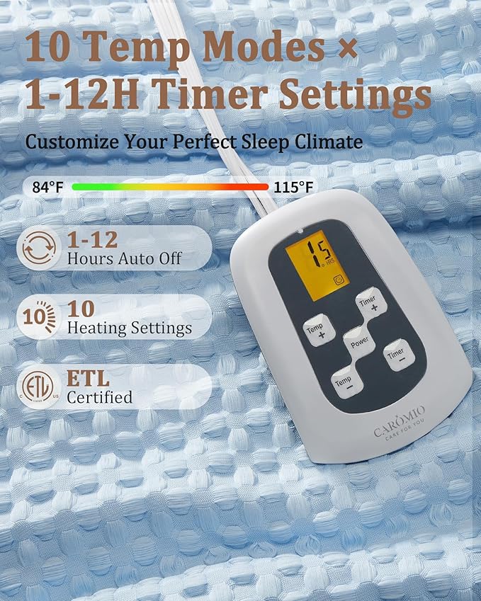 CAROMIO Heated Blanket Twin Size, Waffle Weave Electric Throw Blanket Fast Heating with LCD Controller, 10 Heat Levels & 1-12H Time Settings Auto Off, ETL Certified, Light Blue, 62" x 84"