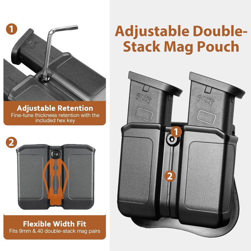 GUN & FLOWER Universal Double Magazine Holder with Silicone Paddle, OWB Magazine Holster Fits 9mm/.40 Double Stack Mags, Mag Pouch Compatible with Glock/Taurus/Beretta/Sig/H&K/CZ/S&W/Colt