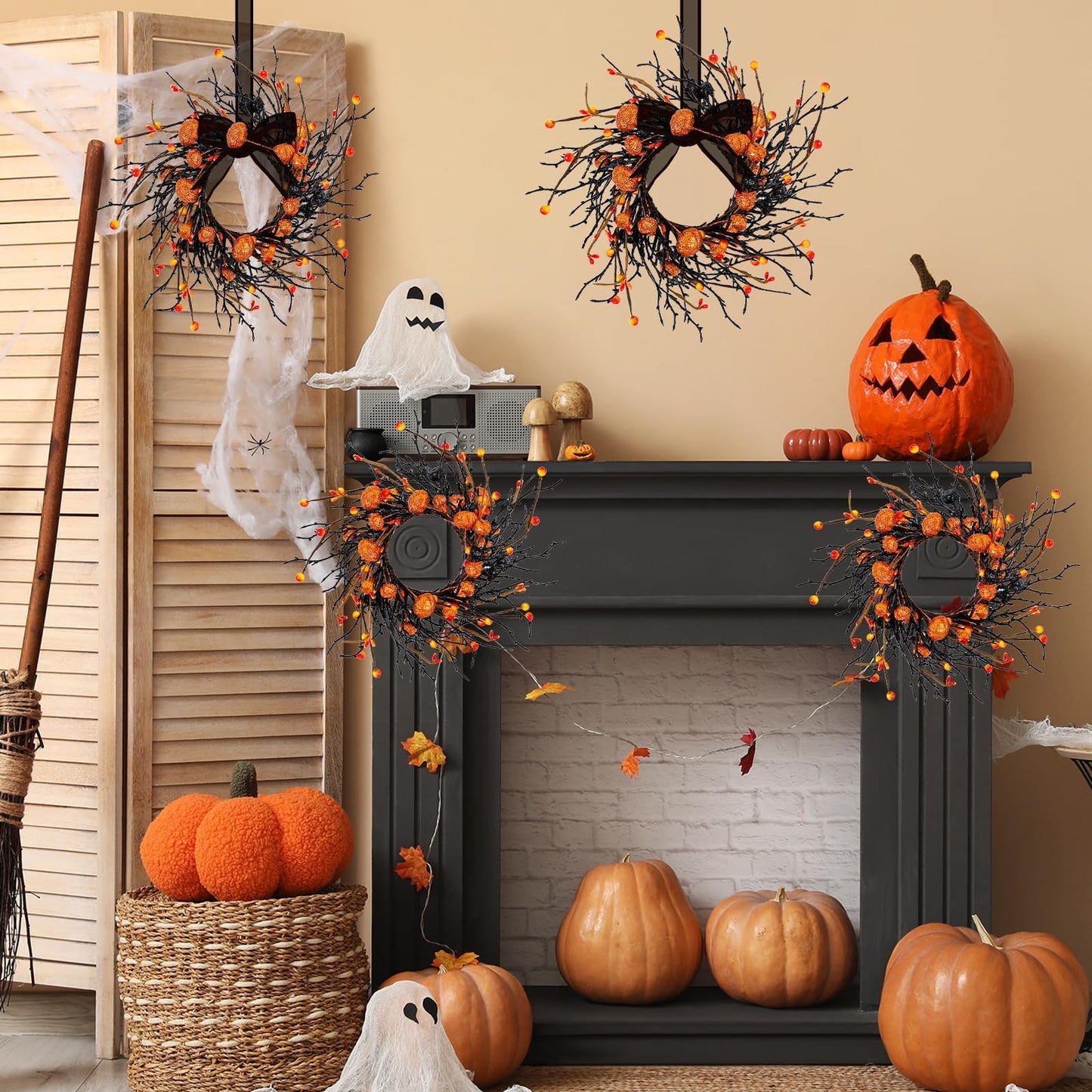6 PCS Halloween Swags Wreaths Black Berry Cabinet Hanging Decorative Wreaths 3.5 Inch Halloween Candle Rings Berries & Pumpkin Candle Rings for Front Door Home Wall Decor Party Outdoor Indoor Supply
