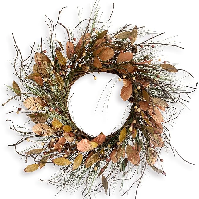 26 Inch Fall Wreath for Front Door Pip Berry Pinecone Autumn Wreath with Pine Needle and Magnolia Leaves, Large Grapevine Wreaths for Fall Door Decor Farmhouse Wall Window Home Decoration