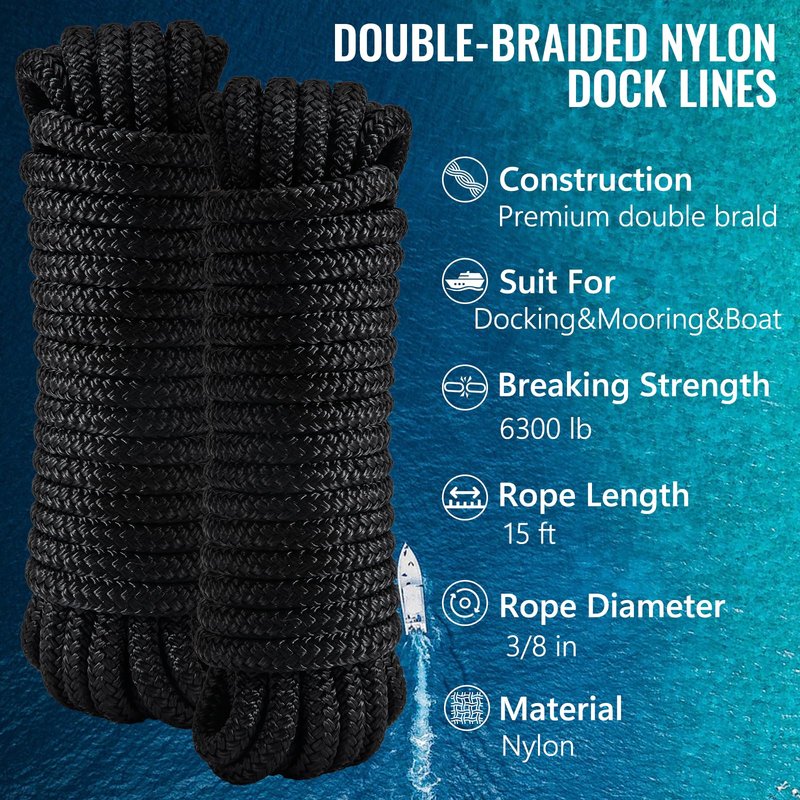 PropelTech 4 Pack 3/8" x 15’ Boat Dock Lines for Boat & Pontoon, Premium Marine- Grade Double Braided Nylon Dock Line, Pre-Spliced with a 12" Eyelet-Black,Boating Gifts for Men