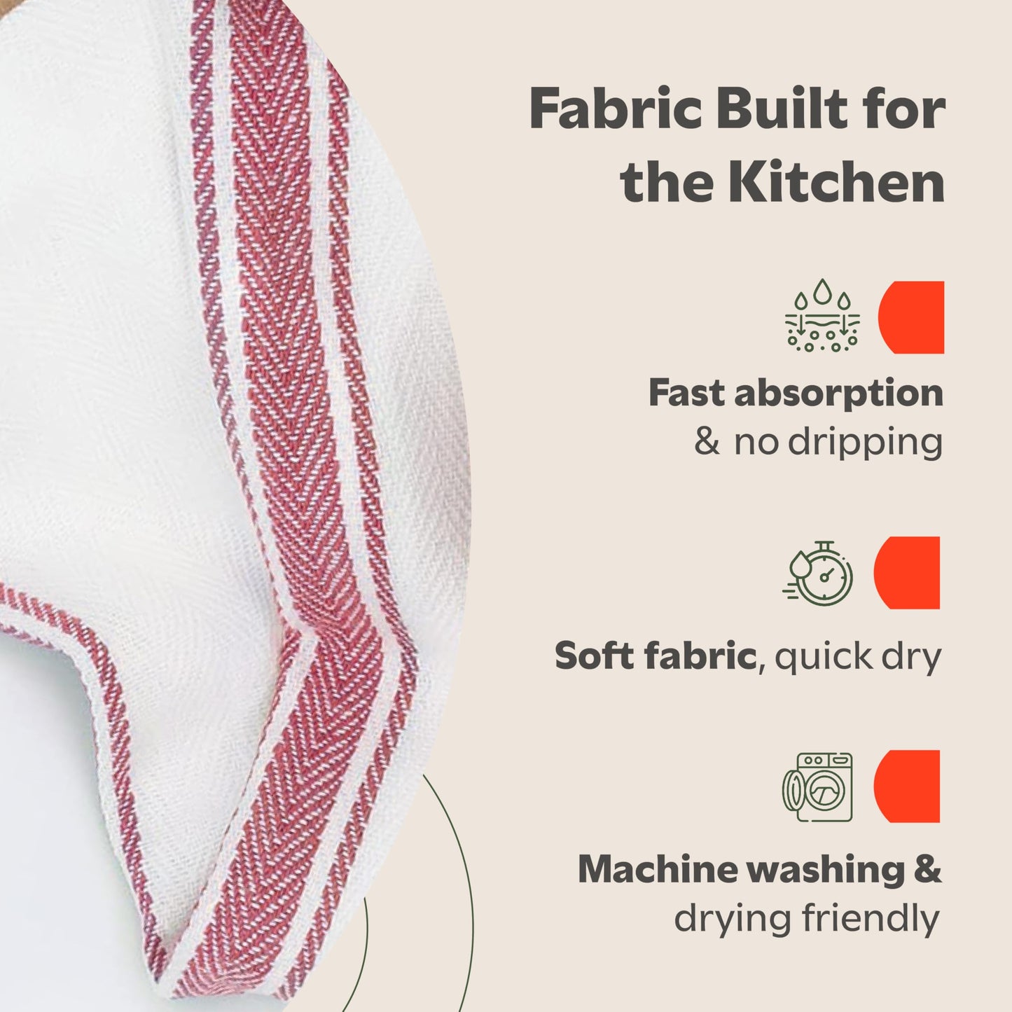Zeppoli Tea Towel Set Kitchen Towels – 36 x 64 CM 100% Natural Cotton Dish Catering Towels - Soft and Absorbent Reusable Cleaning Cloths (White Red Striped)
