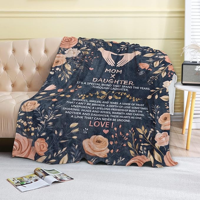 Mother's Day Fleece Blanket - 50x60in Mom from Daughter Birthday Heartfelt Message Floral Throw Blankets,Soft Cozy Lightweight, Ideal for Living Room Home Decor and Women Gifts