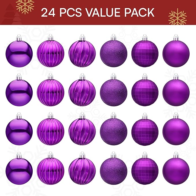 JOIEDOMI 24 Pcs Purple Christmas Balls Ornaments Set, 2.36" Christmas Tree Ornaments Shatterproof, Xmas Balls Hanging Decorations for Tree Wreath Garland Holiday Wedding Indoor Party Decor